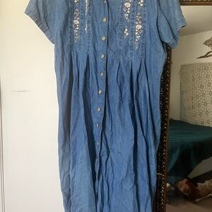 Vintage Cottage core Blue Denim Dress with Floral Embroidery